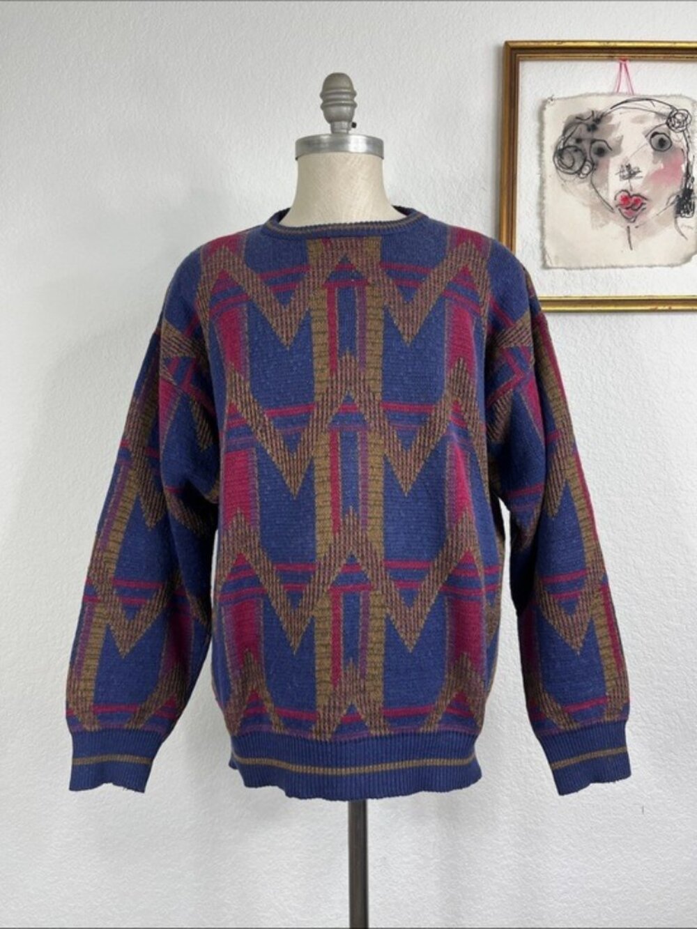 VTG 90 Ralph Lauren Chaps Knit Geometric Multicolor Crewneck Sweater Made in USA